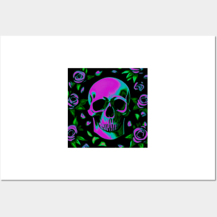 Neon Floral Abstract Skull Colorful Roses Design Posters and Art